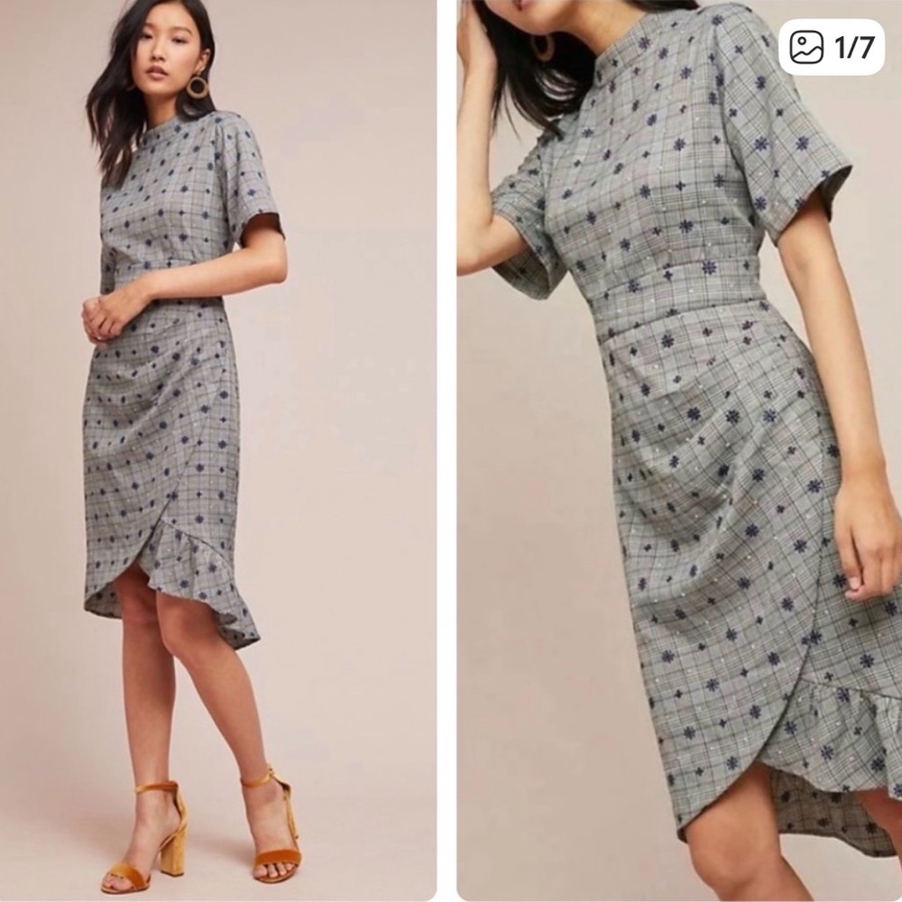 Anthropologie Lenon Gray and Blue Plaid Dress